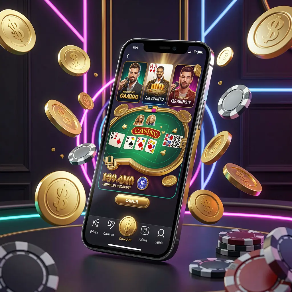 Smartphone moderno exibindo a interface da aplicação móvel de casino online 678kk com elementos de casino brilhantes, moedas douradas e fichas de póquer voando ao redor sobre um fundo escuro luxuoso com detalhes neon