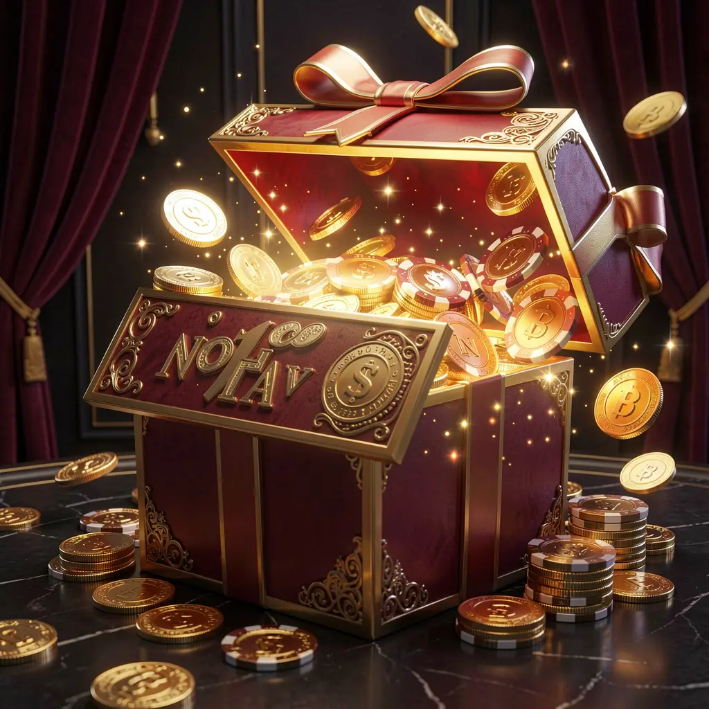 Caixa de presente brilhante cheia de fichas de casino grátis e moedas douradas representando um bónus de casino sem depósito da 678kk, sobre um fundo escuro luxuoso com efeitos mágicos de brilho que criam uma atmosfera emocionante de recompensa