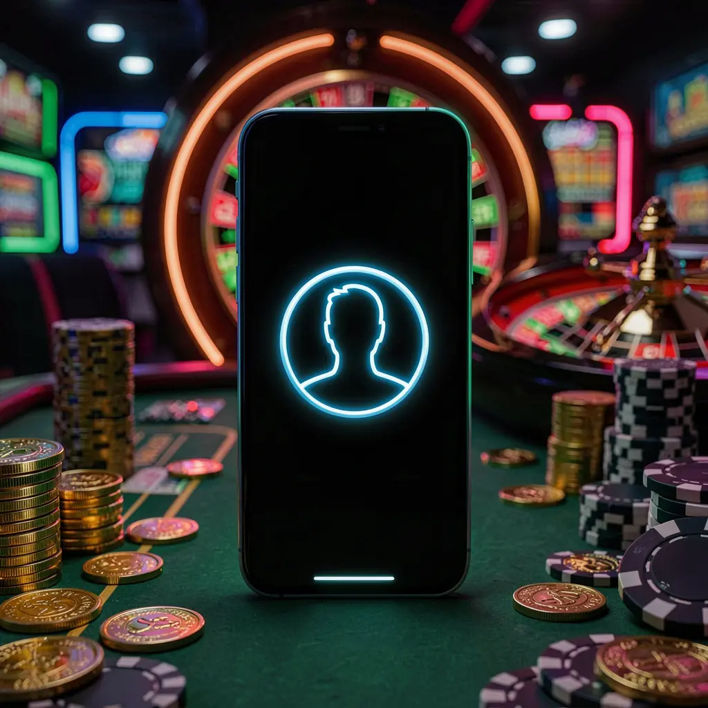 Telefone moderno exibindo ícone de perfil brilhante para iniciar sessão no casino online 678kk, sobre um fundo escuro neon com luzes de roleta, moedas douradas e fichas de póquer