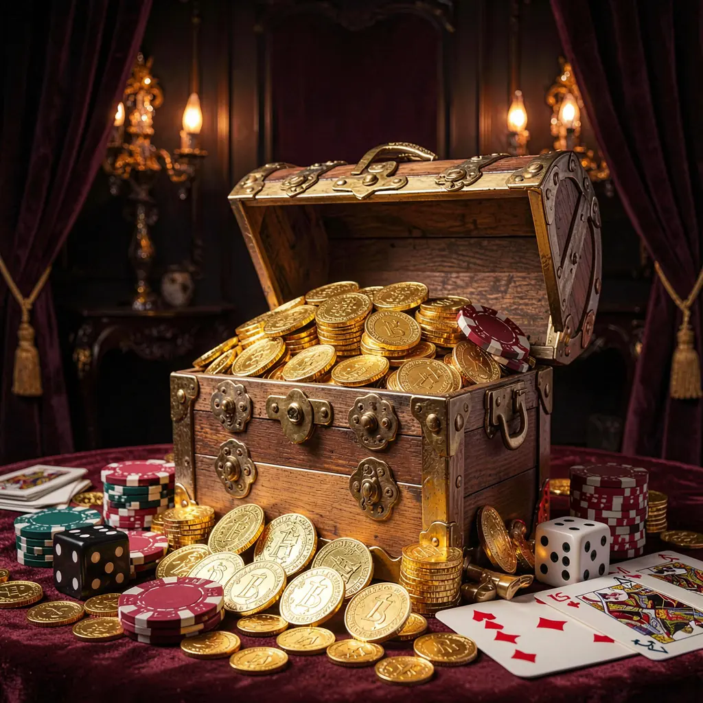 Banner de boas-vindas do casino online 678kk com um baú de tesouro cheio de moedas douradas e fichas de casino, cartas de jogar e dados próximos sobre um fundo escuro luxuoso, criando uma atmosfera festiva e premium